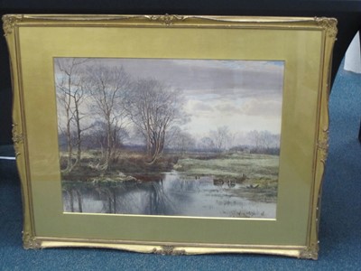 Lot 290 - Thomas Greenhalgh (1848-1906) a tranquil river landscape, watercolour
