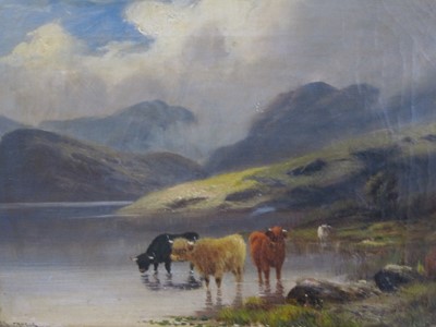 Lot 363 - J. Maurice Highland (flc.1900). Cattle by a loch, signed, oil on canvas 12 x 15 1/2 inches