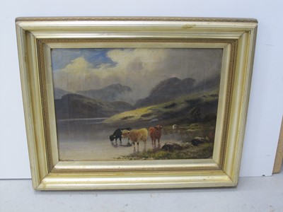 Lot 363 - J. Maurice Highland (flc.1900). Cattle by a loch, signed, oil on canvas 12 x 15 1/2 inches