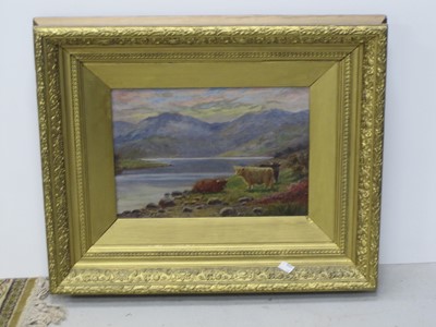 Lot 363 - J. Maurice Highland (flc.1900). Cattle by a loch, signed, oil on canvas 12 x 15 1/2 inches