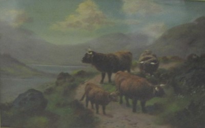 Lot 364 - J.S Fox (fl.c.1900) Highland Cattle on a path  by a Loch