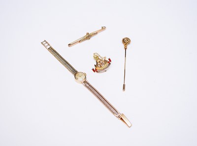 Lot 212 - Two brooches, a pin and a wristwatch