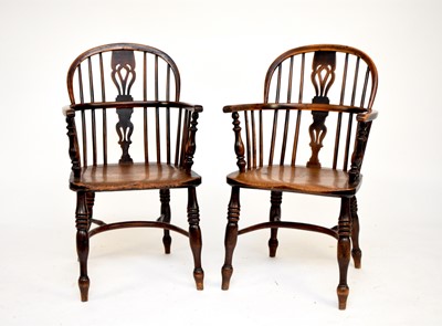 Lot 325 - A pair of early-mid 19th century yew and elm low-back, double hoop Windsor elbow chairs