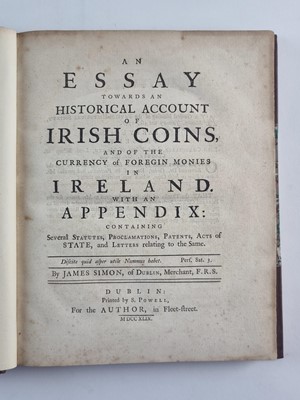 Lot 1090 - SIMON, James, An Essay Towards an Historical Account of Irish Coins, 4to, Dublin 1749