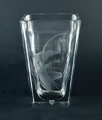 Lot 248 - Vicke Lindstrand for Orrefors, a glass vase decorated with a nude male playing the harp