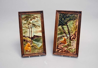 Lot 170 - A pair of late 19th/early 20th century rectangular tiles of a hunter and a fisherman