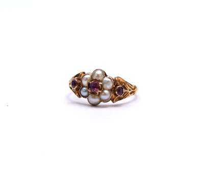Lot 72 - A late 19th/early 20th century pink sapphire and pearl floral cluster ring