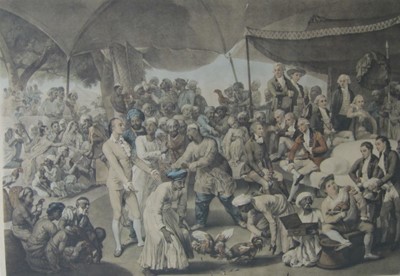 Lot 296 - After Johan  Zoffany RA.(1733-1810) Colonel  Mordaunt's Cock Match, hand -coloured mezzotint  a/f