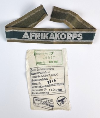 Lot WW2 German Afrikakorps cuff title and a piece of German parachute silk