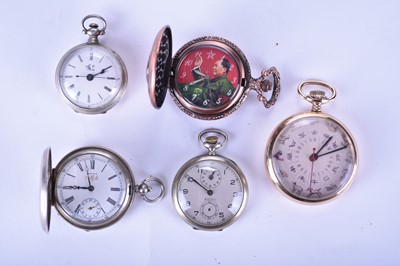 Lot 99 - Two Chinese market white metal pocket watches and three other watches