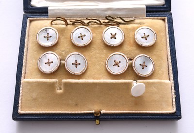 Lot 83 - A cased set of enamel and mother of pearl cufflinks and studs