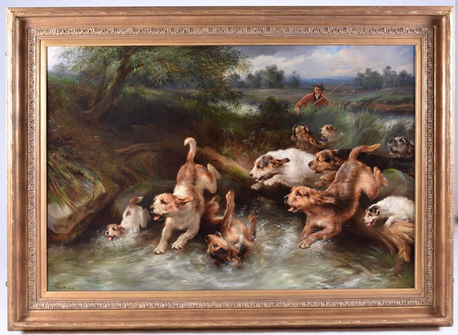 Lot 228 - Walter Hunt (English, 1861-1941), Otter hounds giving chase, oil, 102 x 153cm