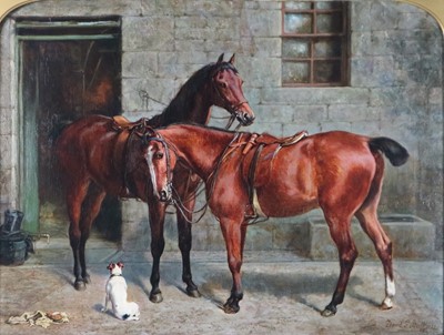 Lot 230 - David George Steell, ARSA (English, 1856-1930), Two Horses Saddled, oil, 64 x 84cm