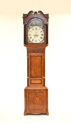 Lot 500 - A 19th century inlaid oak painted dial longcase clock