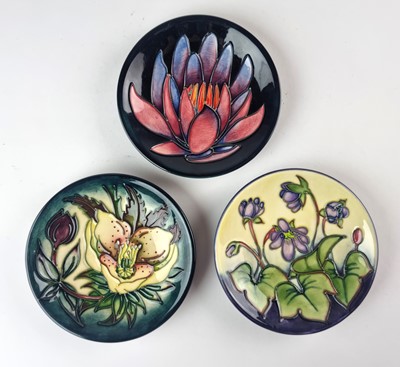 Lot 242 - Nine Moorcroft pin dishes including Hibiscus, Hellebore and Coneflower