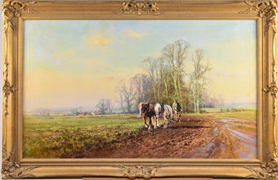 Lot 228 - Tony Sheath (British 1946-), 'Morning ploughing', oil, 61.5 x 102cm