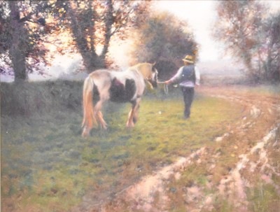 Lot 230 - Tony Sheath (British 1946-), a man leading a pony across a field, oil, 40.5 x 51cm