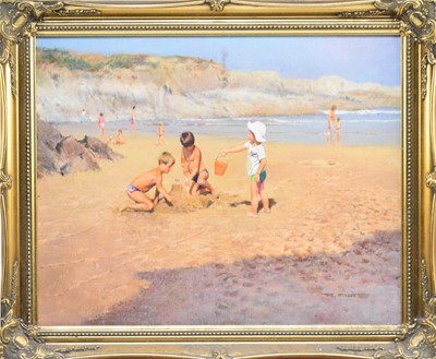 Lot 231 - Tony Sheath (British 1946-), three children on a beach, oil, 41 x 51cm