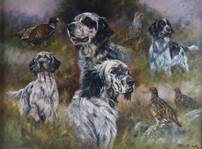 Lot 246 - John Trickett (British, b.1951), English setters, oil, 76 x 102cm