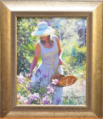 Lot 233 - Tony Sheath (British, 1946-), a lady with a trug picking flowers, oil, 25 x 20cm