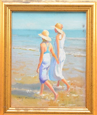 Lot 234 - Tony Sheath (British, 1946-), a couple of young women walking, oil, 25 x 20cm