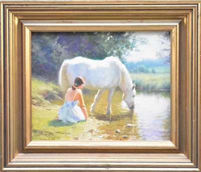 Lot 235 - Tony Sheath (British, 1946-), a young woman with a pony, oil, 20 x 25cm