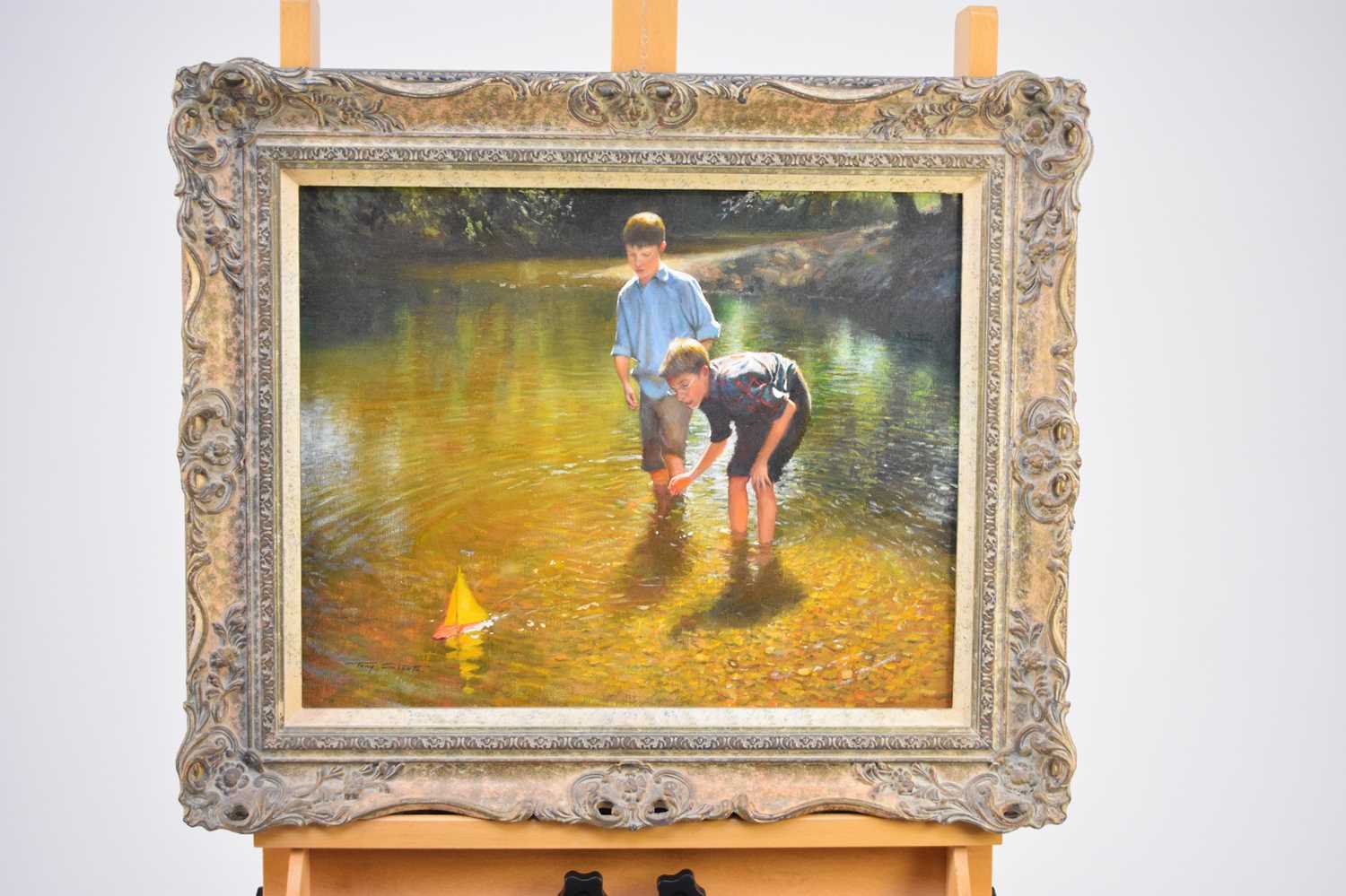 Lot 297 - Tony Sheath (British, 1946-), two boys playing in a stream , oil, 40.5 x 51cm