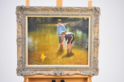 Lot 297 - Tony Sheath (British, 1946-), two boys playing in a stream , oil, 40.5 x 51cm