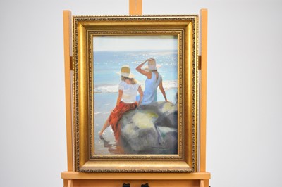 Lot 299 - Tony Sheath (British, 1946-), women on a seashore, oil, 45 x 32.5cm