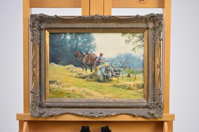 Lot 340 - Tony Sheath (British, 1946-), a farmer turning hay with his horse , oil, 25.5 x 35cm