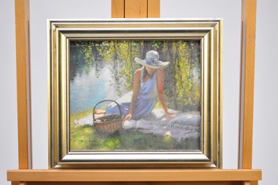 Lot 300 - Tony Sheath (British, 1946-), Rebecca under the willow, oil, 25 x 29cm