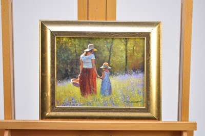 Lot 302 - Tony Sheath (British, 1946-), a woman and a girl walking in a meadow, oil, 20 x 25cm