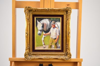 Lot 303 - Tony Sheath (British, 1946-), a gentleman leading a horse, oil, 25 x 20cm