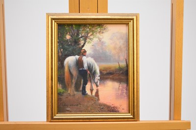 Lot 304 - Tony Sheath (British, 1946-), a farmhand watering a horse, 20 x 25cm