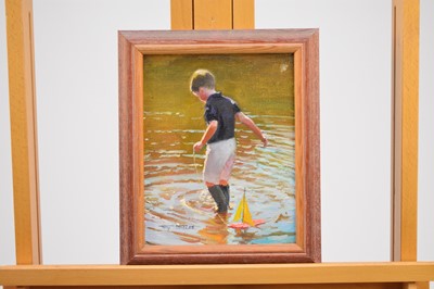 Lot 305 - Tony Sheath (British, 1946-), a boy launching his toy yacht, oil, 25 x 20cm