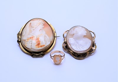 Lot 87 - Two shell cameo brooches and a shell cameo ring