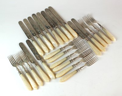 Lot 40 - A set of twenty-four Victorian mother of pearl handled silver fruit knives and forks