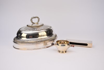 Lot 32 - A silver match box holder, a silver bowl and a plated dish cover