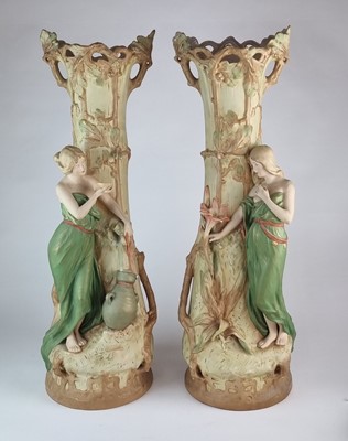 Lot 209 - A pair of large Royal Dux figural Art Nouveau vases, circa 1900