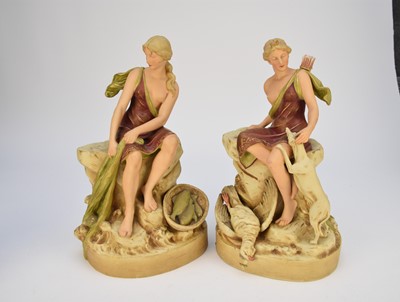 Lot 285 - Pair of Royal Dux figures of huntress and fisherwoman