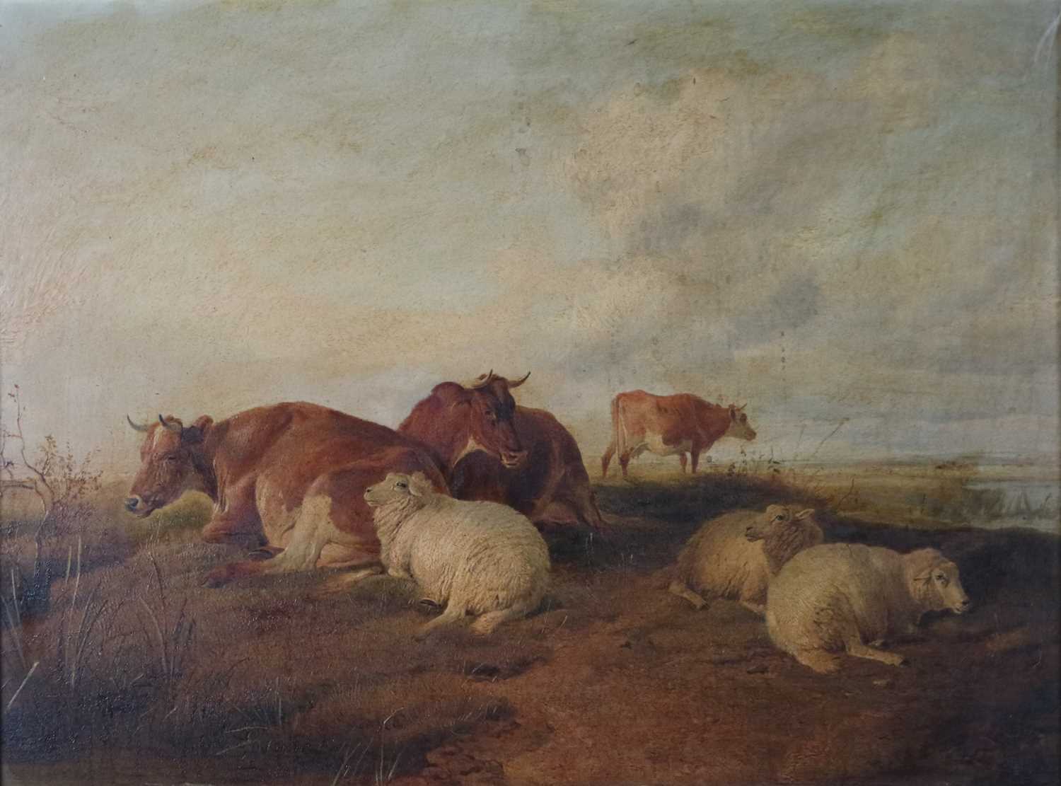 Lot 219 - Thomas Sidney Cooper, R.A., (British, 1803-1902), Cattle and sheep by a river, oil, 45 x 61cm