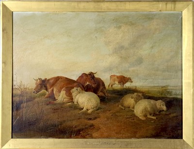 Lot 219 - Thomas Sidney Cooper, R.A., (British, 1803-1902), Cattle and sheep by a river, oil, 45 x 61cm