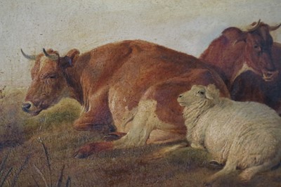 Lot 219 - Thomas Sidney Cooper, R.A., (British, 1803-1902), Cattle and sheep by a river, oil, 45 x 61cm