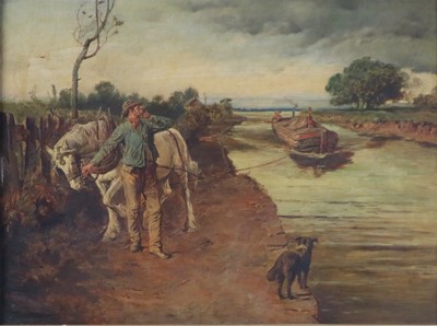 Lot 221 - James Mahoney ARHA, NWS, (Irish, circa 1810-1879), Towing a barge, oil, 45 x 61cm