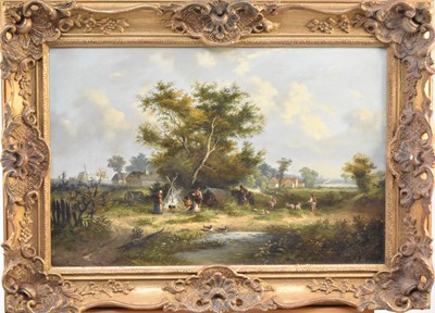Lot 238 - English School, 19th century, a gypsy encampment by a pond, oil, 57 x 77.5cm