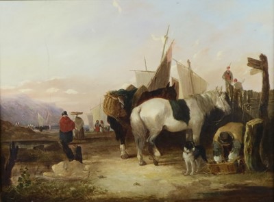 Lot 223 - Attributed  to William Shayer (English, 1787-1879), Unloading the catch, oil, 45 x 60cm