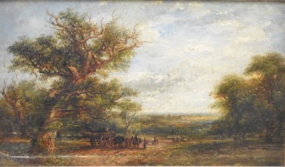 Lot 243 - Frederick Henry Henshaw (British, 1807-1891), loggers on a country track, oil, 23.5 x 39cm