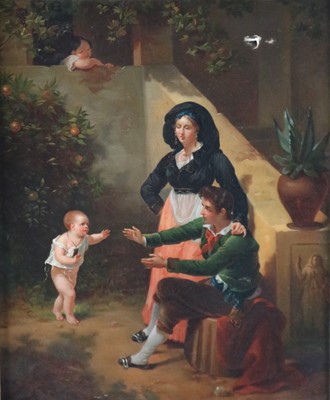 Lot 215 - Italian School (19th century) A family beside an orange tree in a garden, oil, 46 x 38cm