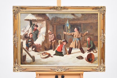 Lot 244 - Charles Hunt (English, 1829-1900)  Snowball fight in a courtyard, oil, 61 x 92cm