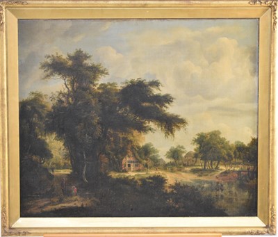 Lot 249 - English School, 19th century, a farmhouse and buildings by a pond, oil, 64 x 77cm